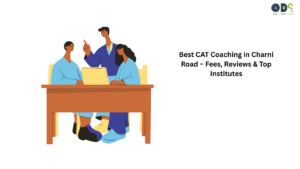 Students studying together in a bright classroom with white background, featuring QDS Pro logo and "Best CAT Coaching in Charni Road" header