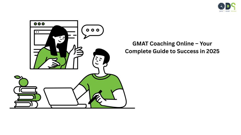 Illustration of a student attending an online GMAT coaching session with a mentor on screen, symbolizing virtual learning and exam preparation in 2025.