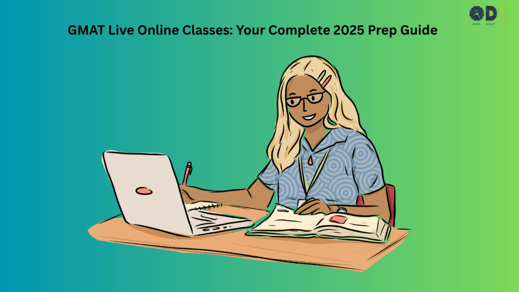 Illustration of a woman attending GMAT live online classes on a laptop, taking notes with an open textbook.