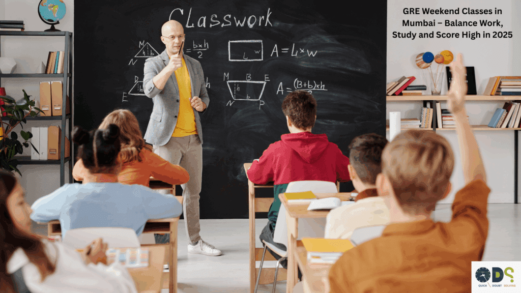 Students attending GRE weekend classes in Mumbai with a teacher explaining math concepts on a blackboard