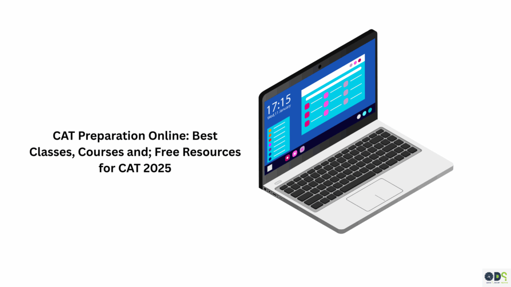 Laptop illustration showing CAT Preparation Online with best CAT classes, courses, and free resources for CAT 2025.