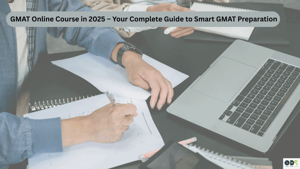 A student actively studying for the GMAT using a GMAT online course on a laptop while taking handwritten notes for the 2025 exam.