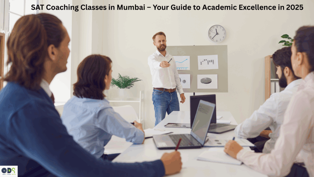 SAT coaching classes in Mumbai – expert instructor teaching students in a classroom setting with study materials, laptops, and charts for effective SAT preparation in 2025
