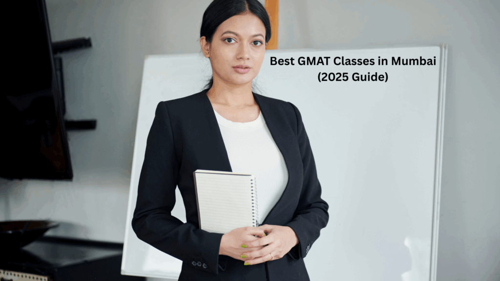 Professional female tutor holding notebook in front of whiteboard – Best GMAT Classes in Mumbai 2025 Guide