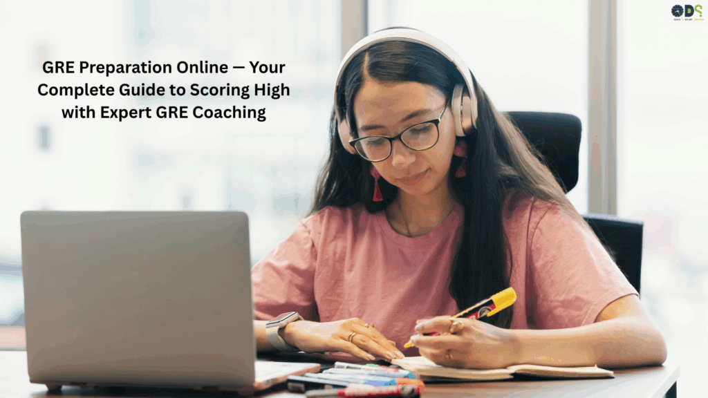 Student studying for GRE preparation online with laptop and headphones during expert online GRE coaching session by QDS Pro