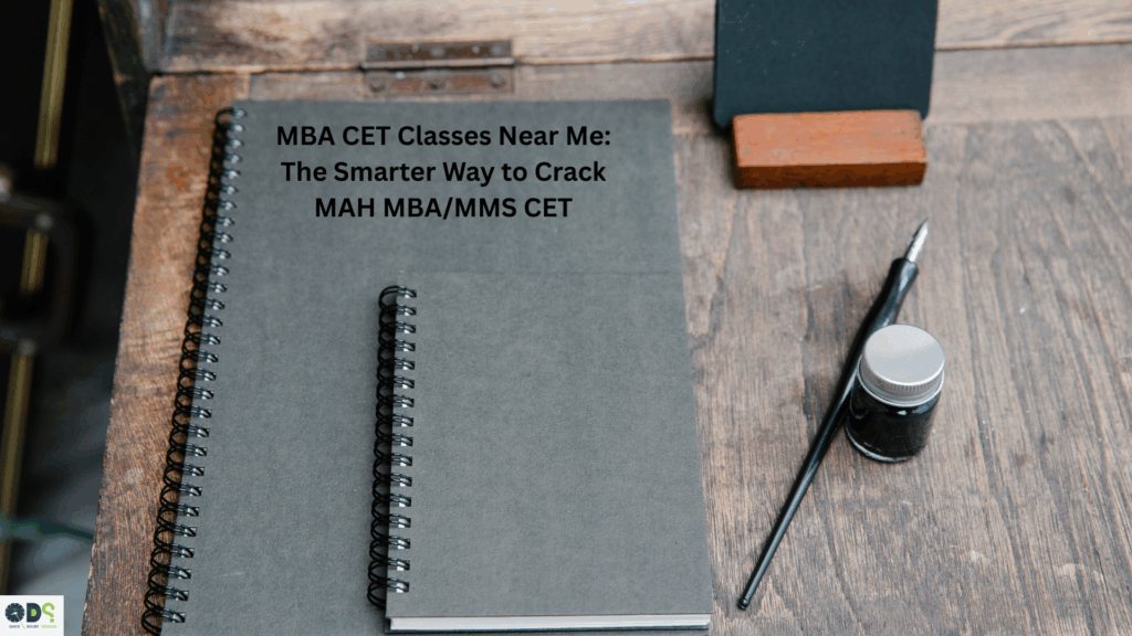 Study desk with notebooks and pen representing focused preparation for MBA CET classes near me, MAH MBA/MMS CET coaching, and nearby CET exam training.