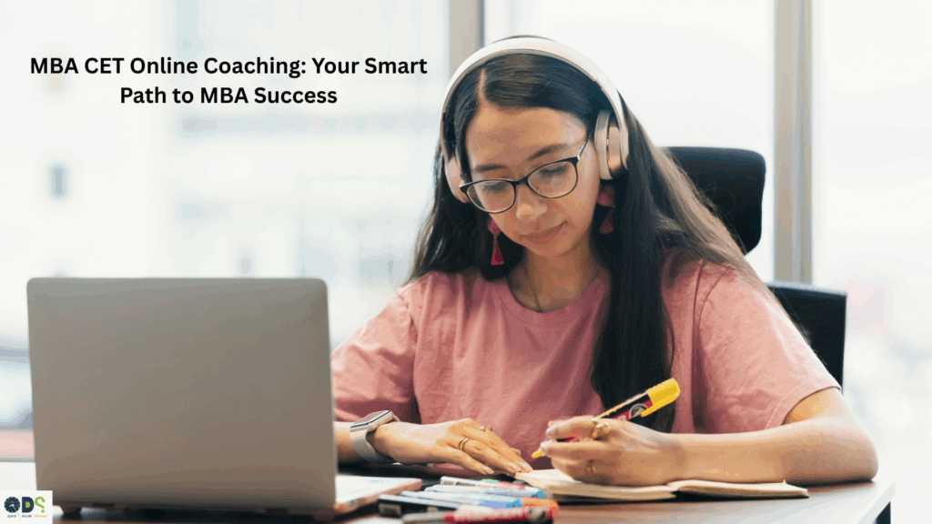Student attending live MBA CET online coaching class on laptop with study notes — QDS Pro virtual MBA CET preparation session.