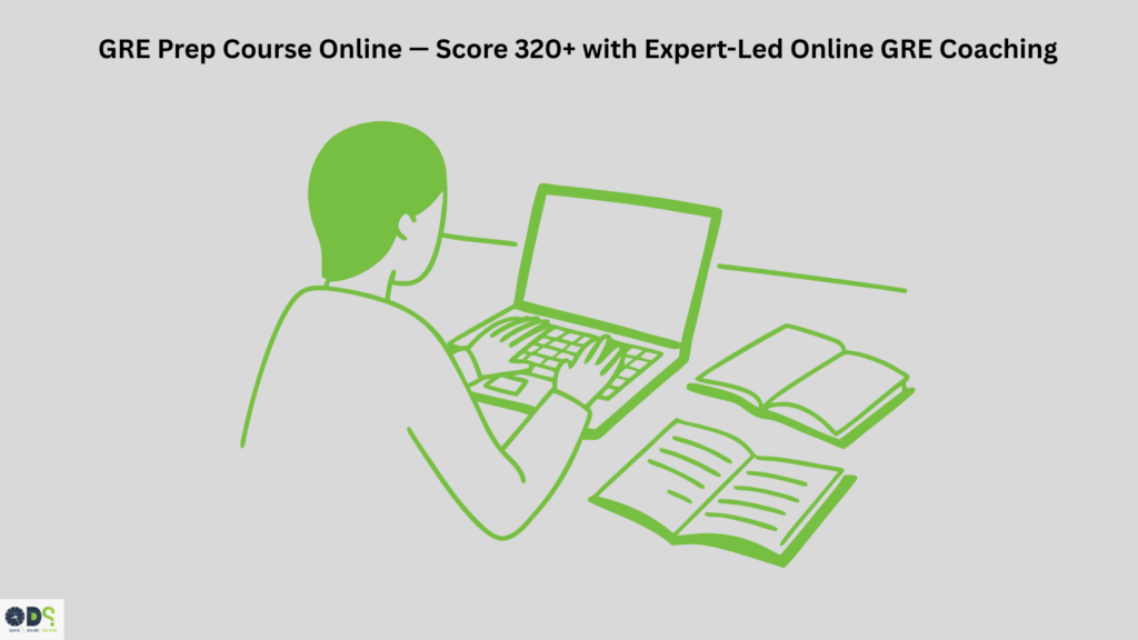 GRE prep course online illustration showing a student studying with expert-led online GRE coaching by QDS Pro.