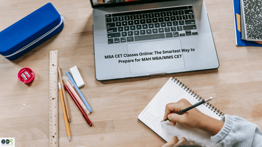 Student preparing for MAH MBA/MMS CET with MBA CET classes online, writing notes while attending online CET coaching on a laptop.