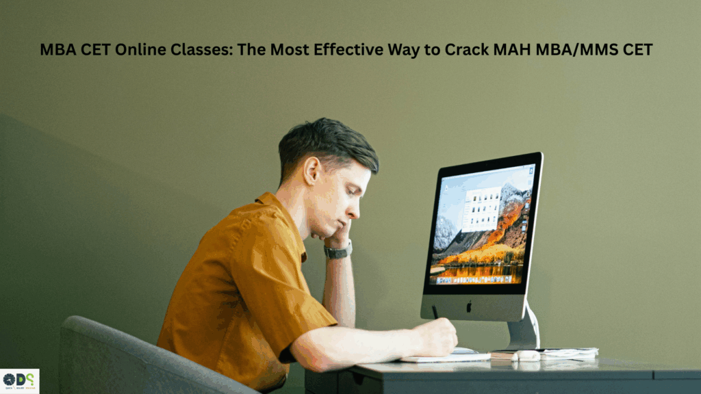 Student preparing for MAH MBA/MMS CET through MBA CET online classes on a desktop computer, studying notes for online CET coaching and virtual exam preparation.