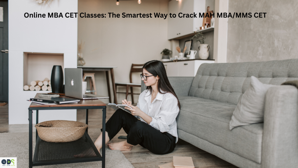 Student studying at home through online MBA CET classes, preparing for MAH MBA/MMS CET with laptop, notes, and live online coaching.