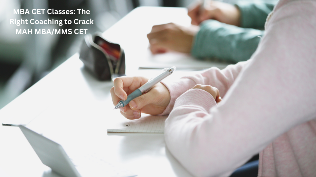 Student taking notes during MBA CET classes, preparing for MAH MBA/MMS CET through structured coaching and expert guidance.