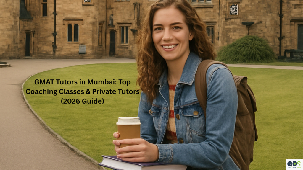 GMAT tutors in Mumbai student studying on campus with books and coffee while preparing with expert GMAT tutors in Mumbai for top scores.