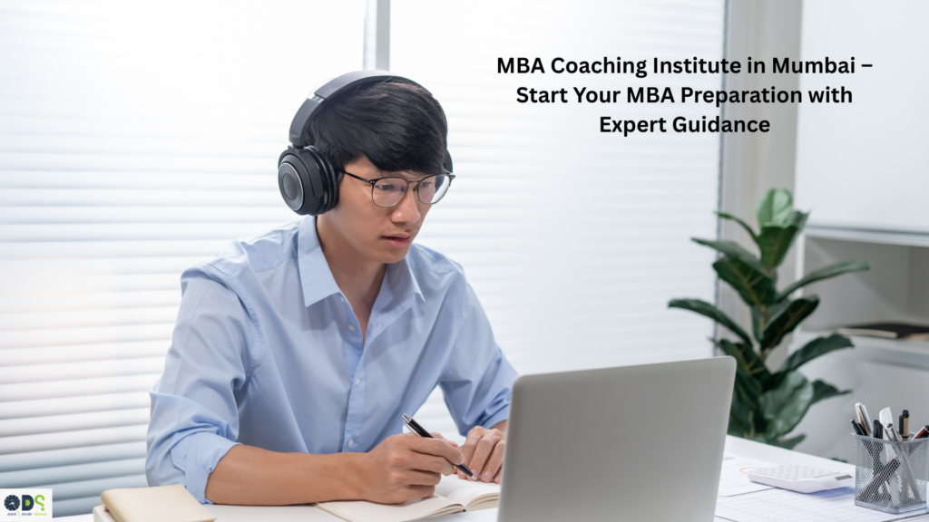 MBA coaching institute in Mumbai student studying online with laptop and headphones during MBA entrance preparation at a leading MBA coaching institute in Mumbai like QDS Pro.