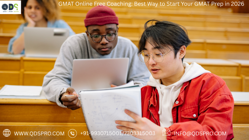 Students studying with laptops and notes during GMAT online free coaching session in a classroom environment preparing for GMAT exam