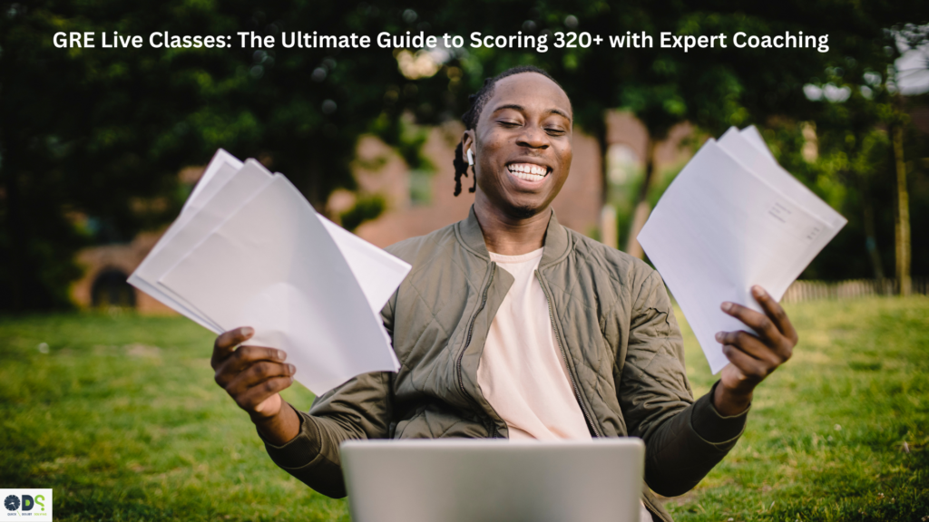 GRE live classes online showing a student studying with laptop and notes while preparing through interactive GRE live classes for a high GRE score.