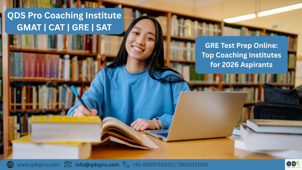 GRE test prep online student studying in library with laptop and books while attending live GRE coaching classes from a top GRE test prep online institute like QDS Pro.