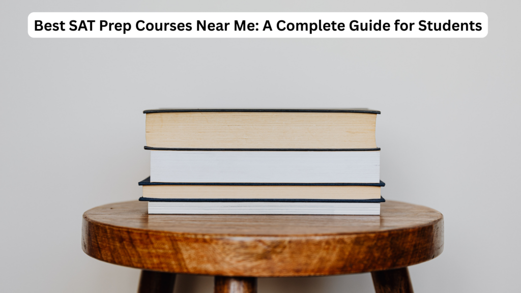 Best SAT prep courses near me image featuring a stack of books on a wooden stool, symbolizing how the best SAT prep courses near me provide structured learning and expert guidance for higher SAT scores.