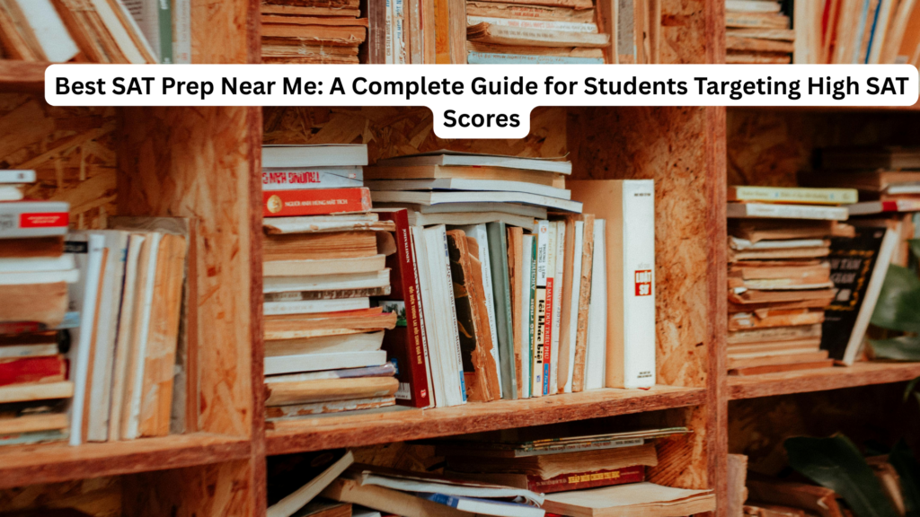 Wooden bookshelf filled with books and study materials, representing the best SAT prep near me for students preparing to achieve high SAT scores.
