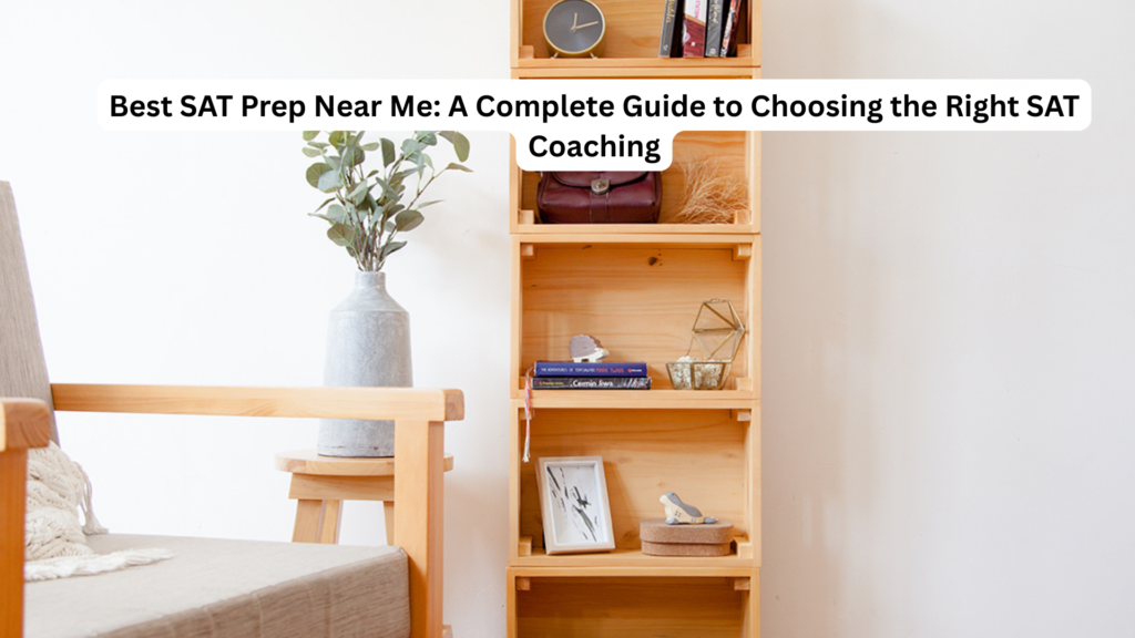Minimal study room setup with a wooden shelf, books, decorative items, and a plant, representing the search for the best SAT prep near me and the importance of a focused SAT coaching environment.