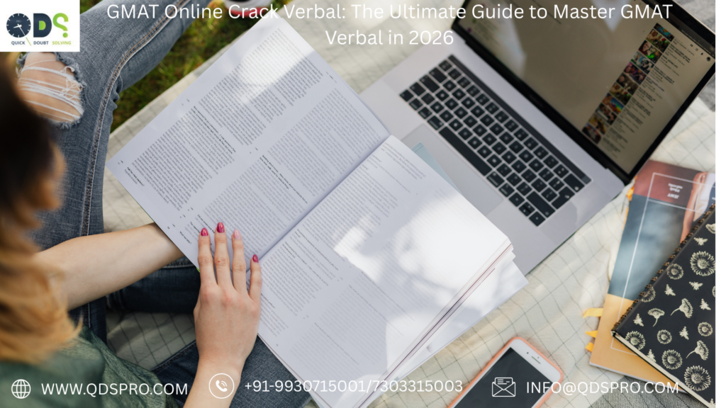 Student studying with laptop and books for gmat online crack verbal preparation, focusing on reading comprehension and verbal strategy practice