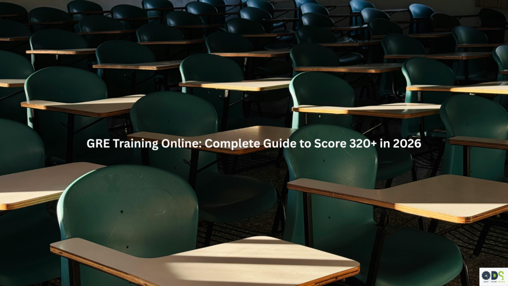 GRE training online classroom setup image showing empty lecture hall desks representing structured GRE training online preparation environment for high GRE score success.