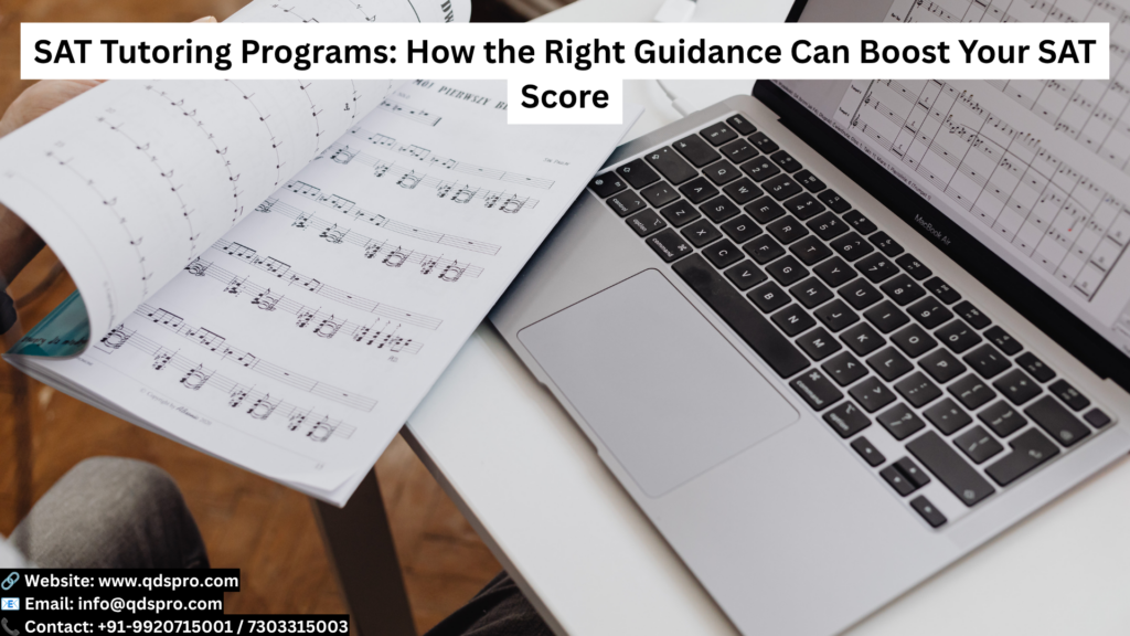 Laptop and study materials displayed on a desk, representing SAT tutoring programs that provide personalized guidance, structured preparation, and effective strategies to help students improve their SAT scores.