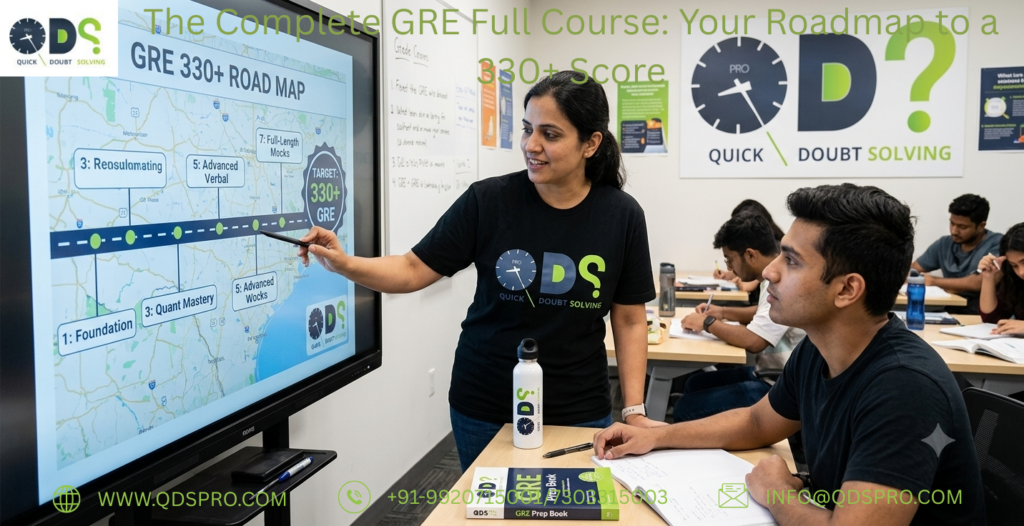 GRE full course roadmap to a 330+ score showing structured GRE preparation, including foundation, Quant mastery, advanced concepts, verbal skills, advanced practice, rescheduling, and full-length GRE mock tests, with an instructor guiding students in a QDS Pro GRE classroom.